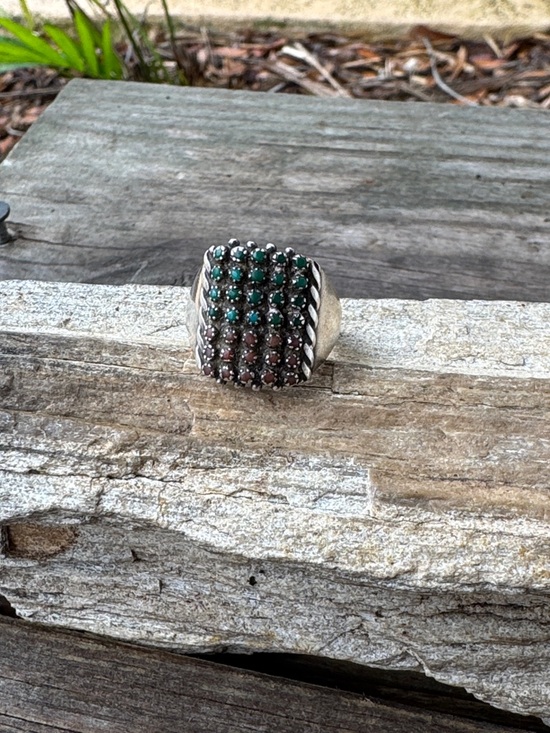 Native American Jewelry - Vintage Zuni Sterling Silver Snake Eye Ring with Turquoise and Coral